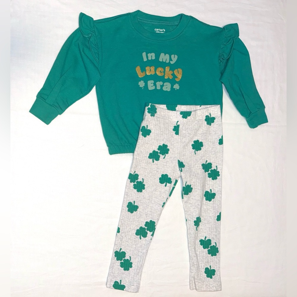 Carter’s Green Gray Floral Top & Leggings Girls 2 piece set Size 2T/2A